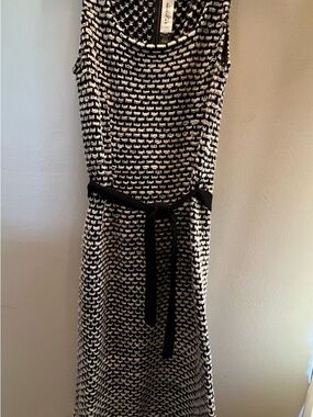 St. John Black and White Textured Midi Dress with Waist Tie